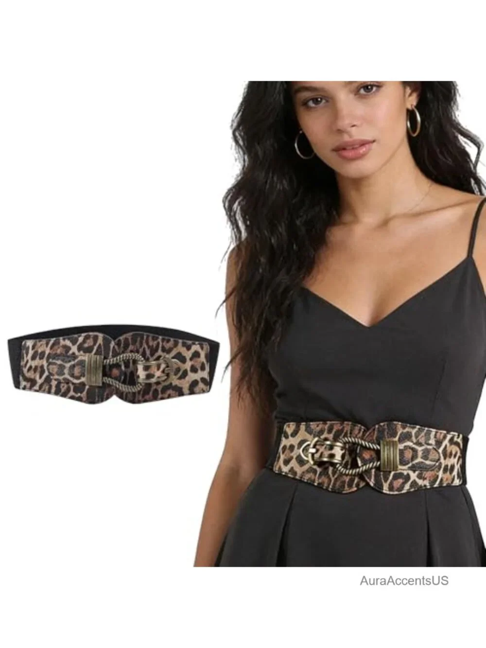 Novelty Leopard Print PU Leather Stretchy Elastic Wide Cinch Belt 2.35